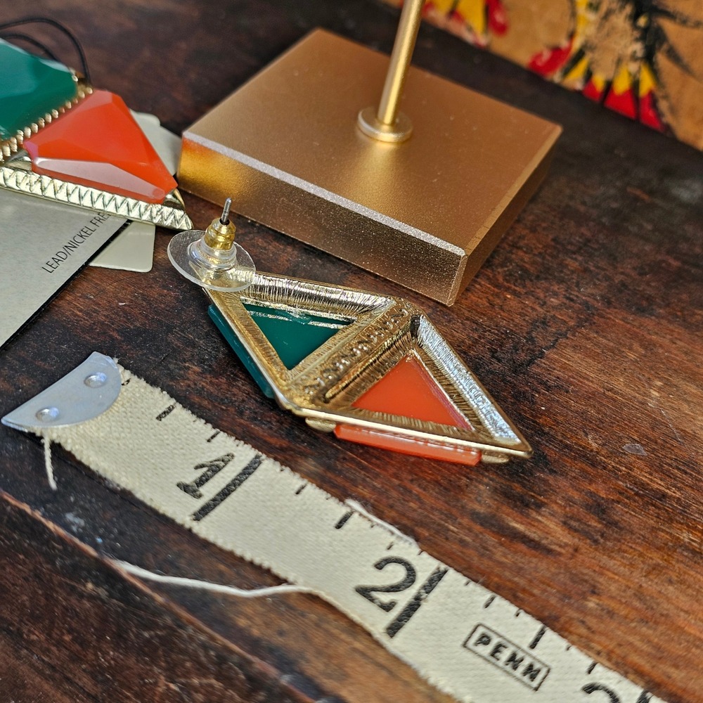 Green Orange Geometric Diamond Stud Post Earrings Women OS Colorblock Gold - Picture 3 of 5